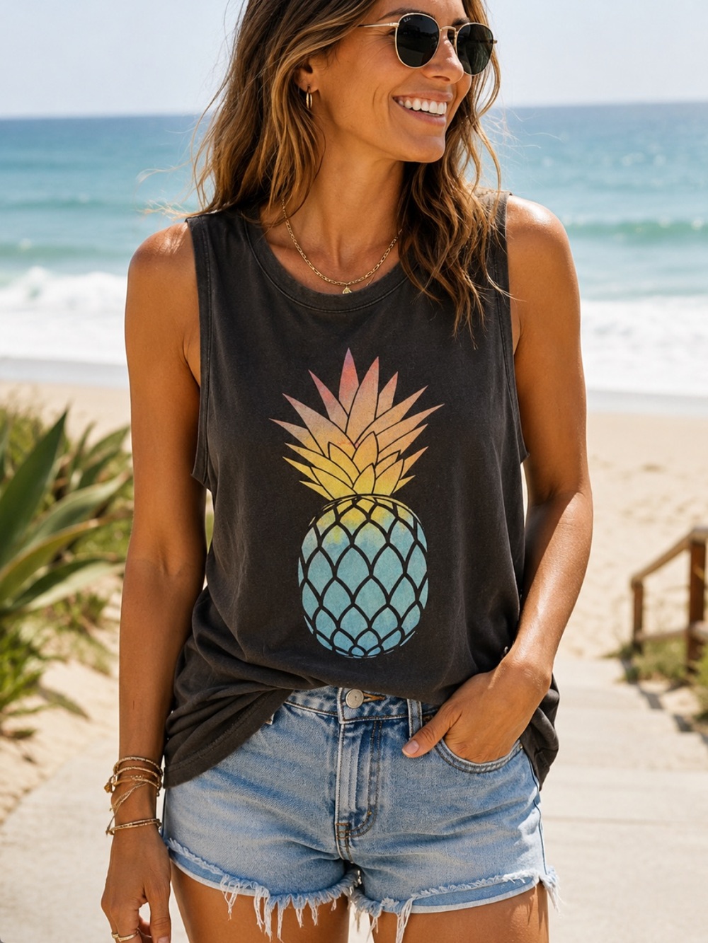 Chaser Pineapple Graphic Sleeveless Crewneck Top Black Brown Size Large